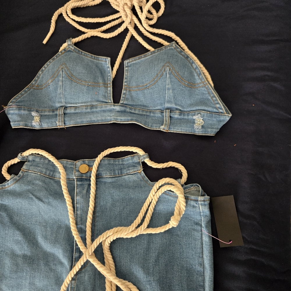 Hot Miami Styles 2 piece Stretch Denim Set with Halter top.